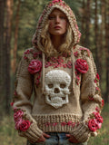 Comstylish Halloween Skeleton Smiling Face Pink Rose Vintage Hooded Sweater