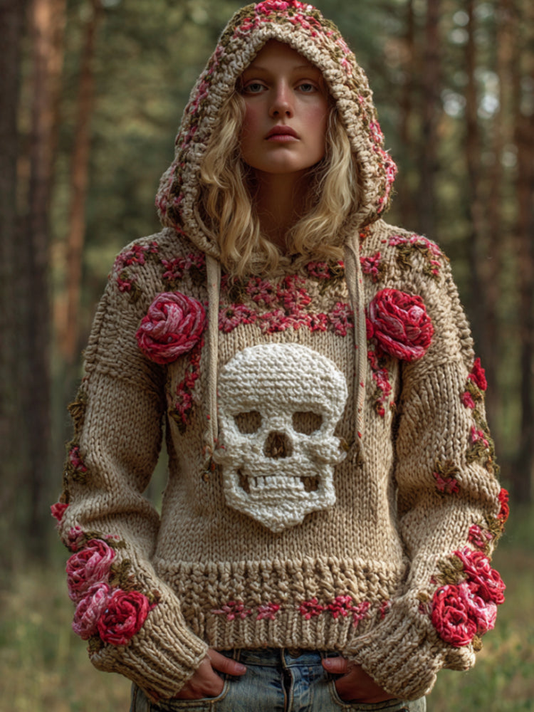 Comstylish Halloween Skeleton Smiling Face Pink Rose Vintage Hooded Sweater