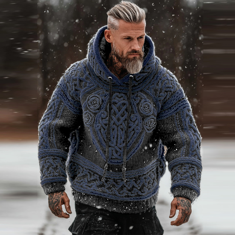 Men's Viking Tribal Jacquard Celtic With Rose Inspired Chunky Knit Hooded Sweater artswardrobe