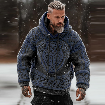 Men's Viking Tribal Jacquard Celtic With Rose Inspired Chunky Knit Hooded Sweater artswardrobe
