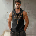Men's Retro  Bohemia Ethnic Style Loose Linen Cozy Hooded V-neek Sleeveless Top elevenforest