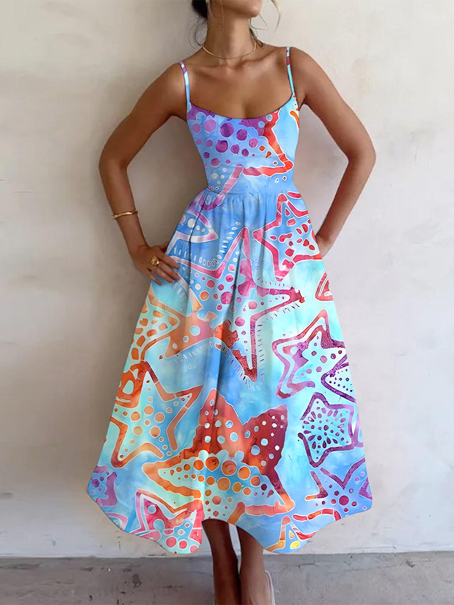Women's Vacation Retro Multicolor Starfish Ocean Art Print Dress