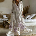 Women's Vintage Purple Rose Embroidery Pattern Casual Long Sleeve Dress elevenforest