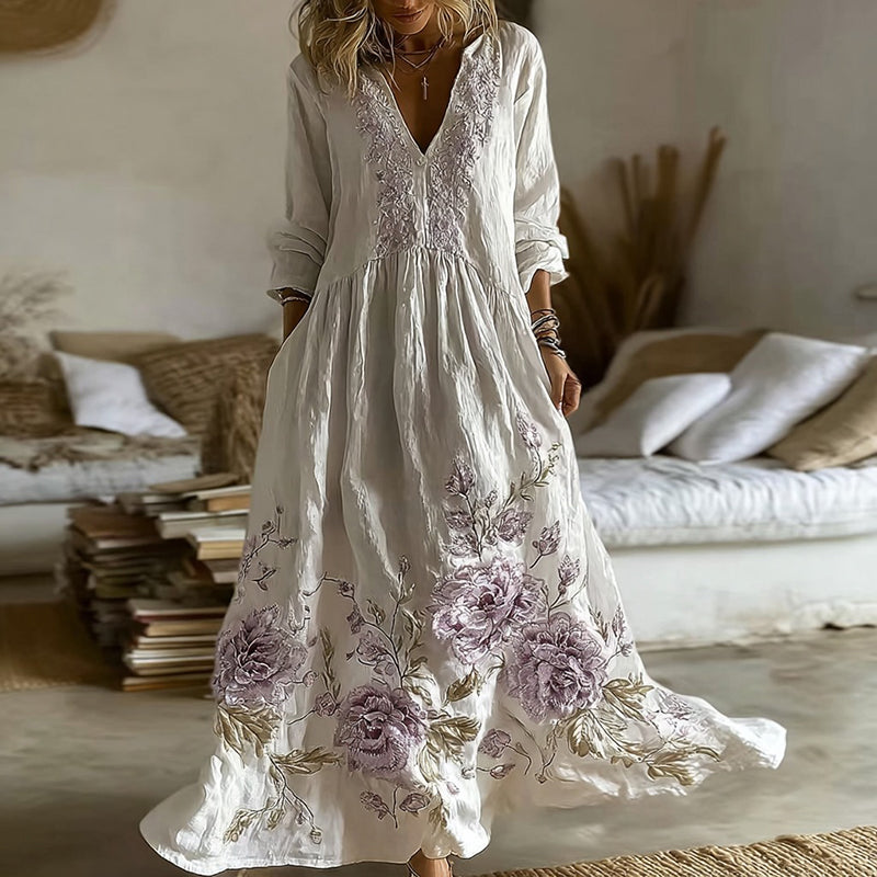 Women's Vintage Purple Rose Embroidery Pattern Casual Long Sleeve Dress elevenforest