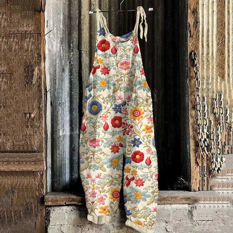 Women's Bohemian Style Floral Linen Print Cotton Linen Jumpsuit elevenforest