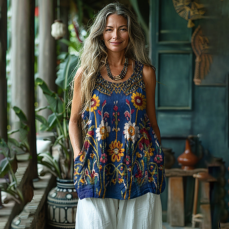 Boho Ethnic Floral Embroidered Linen Sleeveless Tank Top elevenforest
