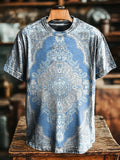 Retro Blue National Floral pattern Vintage Art Print Casual T-shirt Fo
