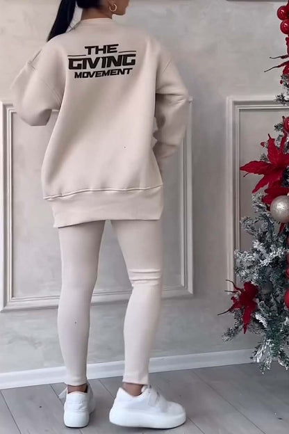 Color Round Neck Long Sleeve Slit Hem Sweatshirt Leggings Set