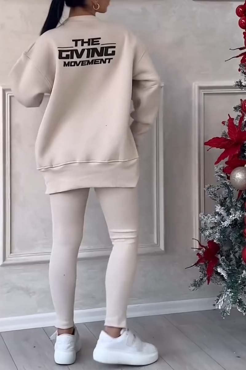 Color Round Neck Long Sleeve Slit Hem Sweatshirt Leggings Set
