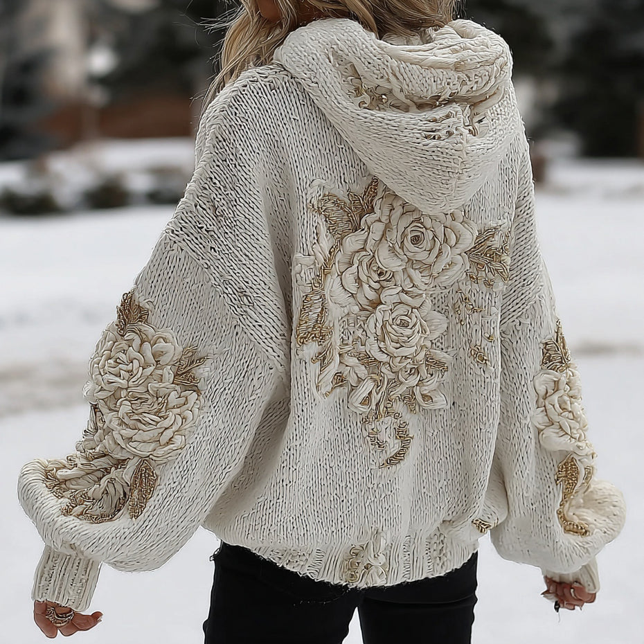 Women's White Rose Classic Cable Hooded Sweater elevenforest