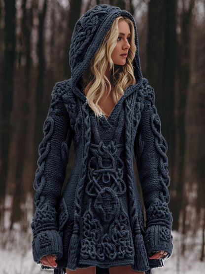 Women's Viking Celtic Knot Rune Knit Jacquard Warm Sweater Hooded Dress artswardrobe
