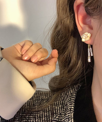 Gold Alloy Zircon Pearl Tassel Drop Earrings