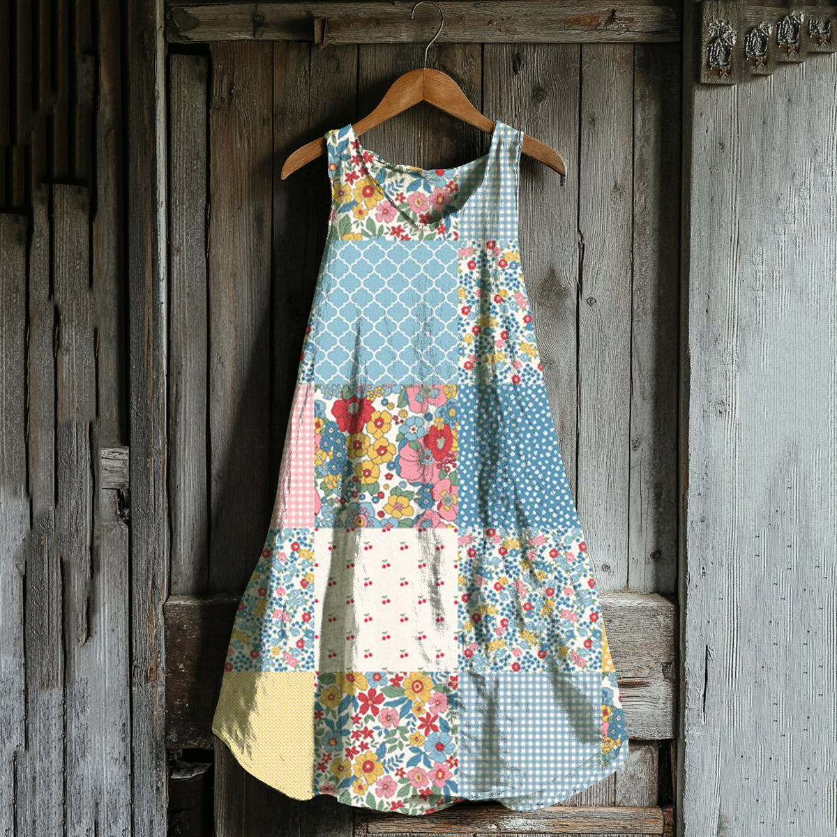 Vintage Floral Patchwork Art Linen Blend Tank Dress elevenforest