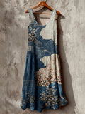Comstylish Cherry Blossom Sea Waves Japanese Sashiko Art Linen Maxi Dress