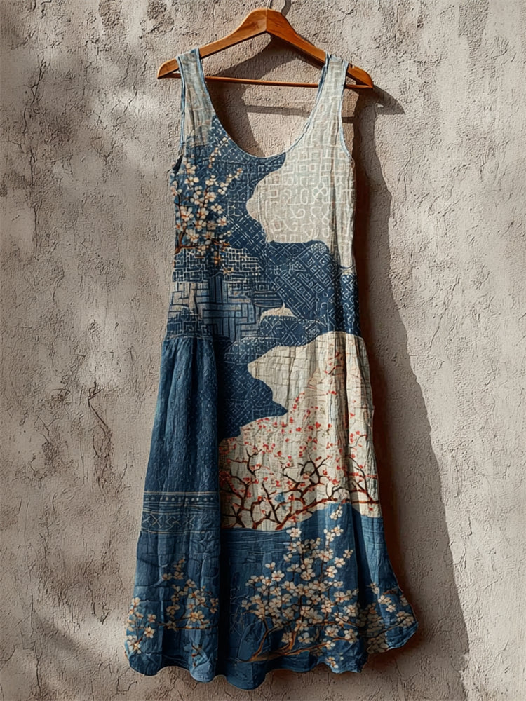 Comstylish Cherry Blossom Sea Waves Japanese Sashiko Art Linen Maxi Dress