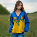 Ukraine Sunflower Embroidery Blend Linen V Neck Loose Blouse elevenforest