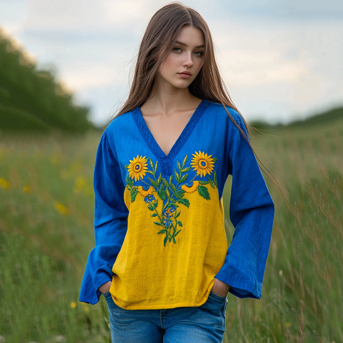 Ukraine Sunflower Embroidery Blend Linen V Neck Loose Blouse elevenforest