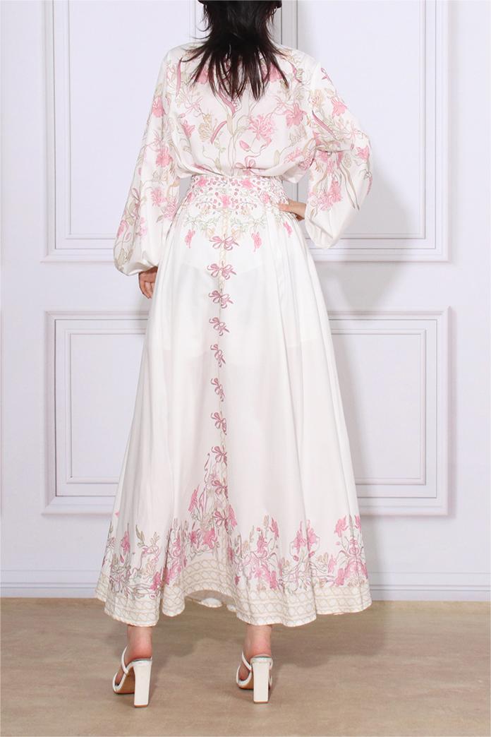 Puff Sleeve Top ?bow High Waist Maxi Skirt Set