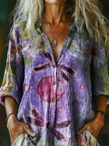 Women's Vintage Floral Dragonfly Art Print Casual Cotton Linen Shirt