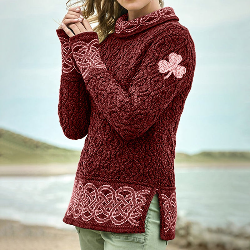 Women's Celtic Knotted Clover Creative Jacquard Turtleneck Sweater elevenforest