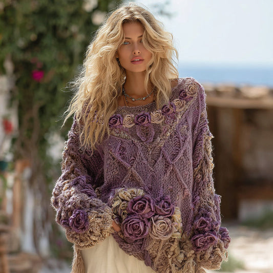 Women's Boho Rose Chunky Knit Crew Neck Aran Sweater
