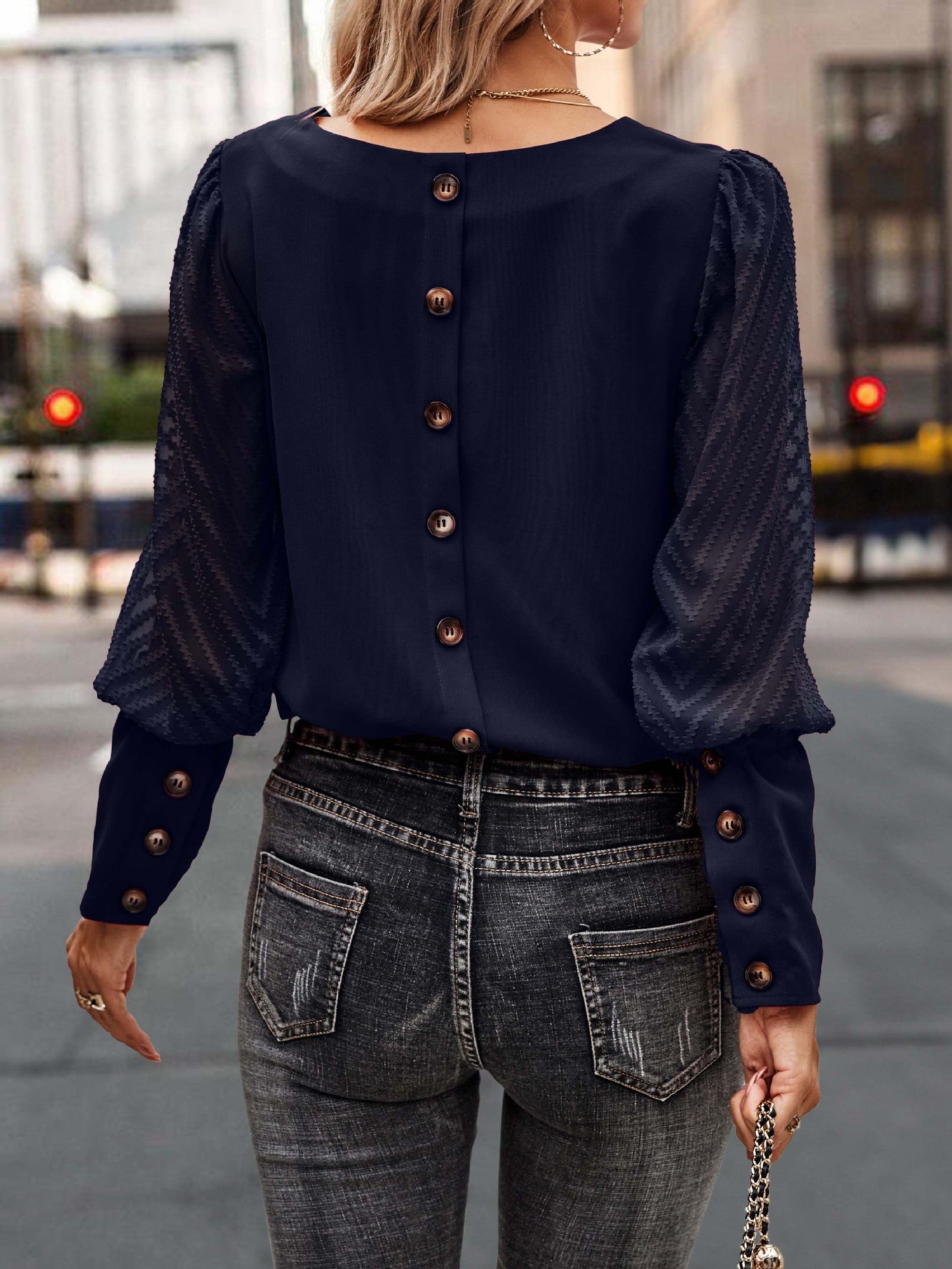 Fall Winter Color Round Neck Button Long Sleeve Blouse Top