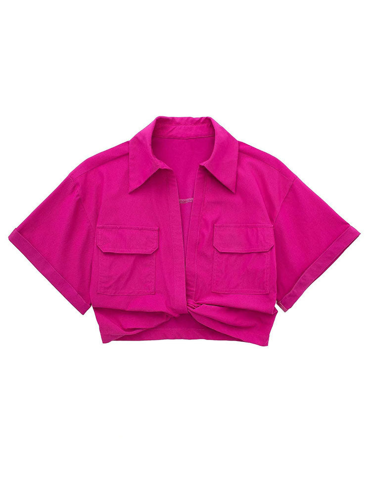 Safari Style Pockets Patch Knotted Linen Short Smock Blouse Lady Kimono Cropped Shirt Blusas Tops