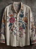 Vintage Bohemian Floral Art Men's Linen Long Sleeve Shirt elevenforest