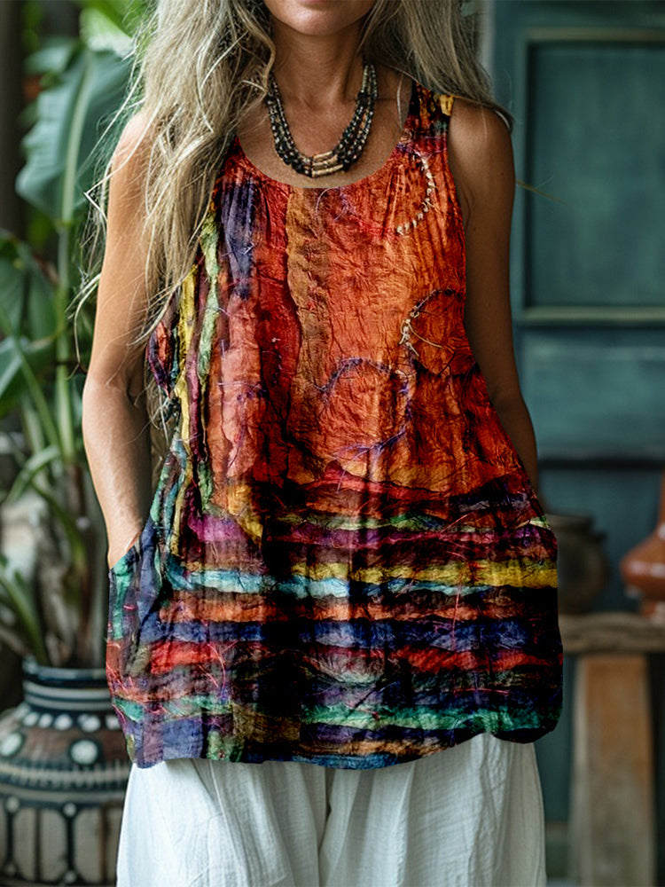 Colorful Boho Patchwork Flowy Linen Tank Top elevenforest