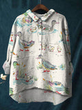 Elegant Ink Painting Duck Animal Printed Cotton And Linen Shirt