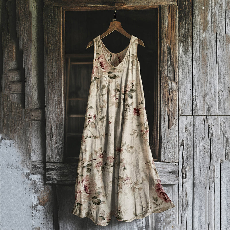 Women's Vintage Flower Print Linen Blend Midi Dress elevenforest