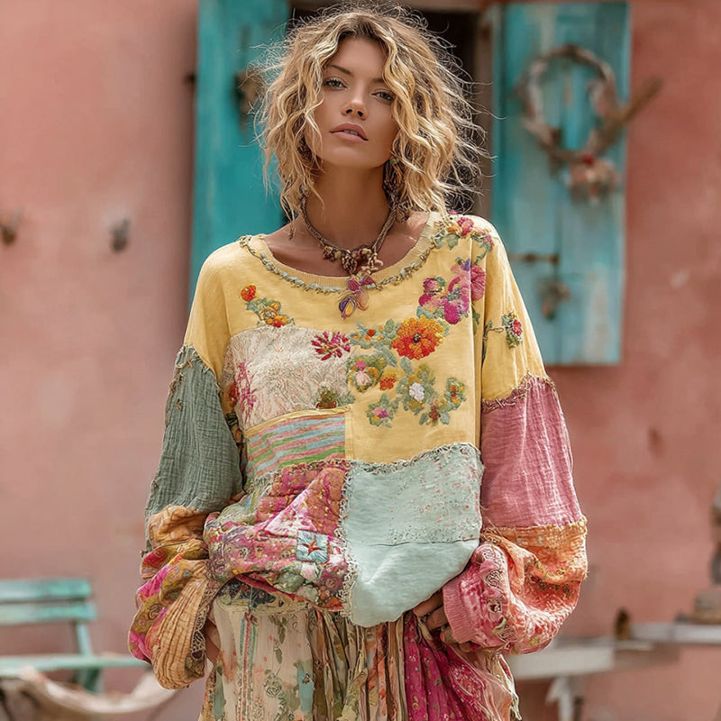 Women's Flower Embroidery Macaroon Color Patchwork Art Crew Neck Sweatshirt elevenforest