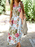 Women's Resort Style Floral Pattern Vest Style Loose Cotton and Linen Dress