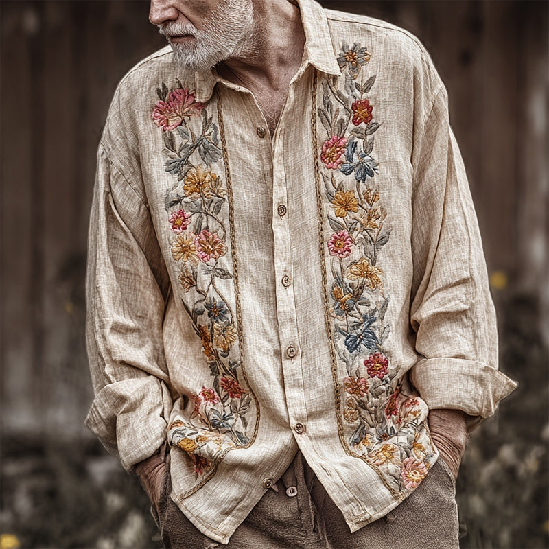 Men's Vintage Boho Floral Embroidered Cozy Linen Shirt elevenforest