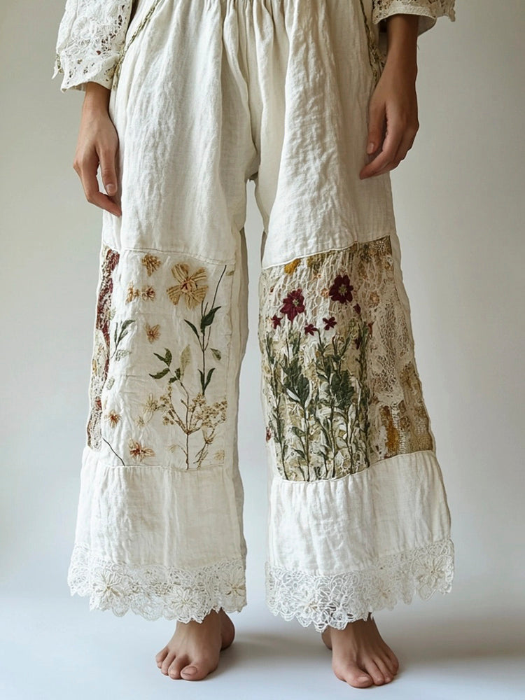 Bohemian Floral Lace Patchwork Embroidered Women's Linen Pants elevenforest