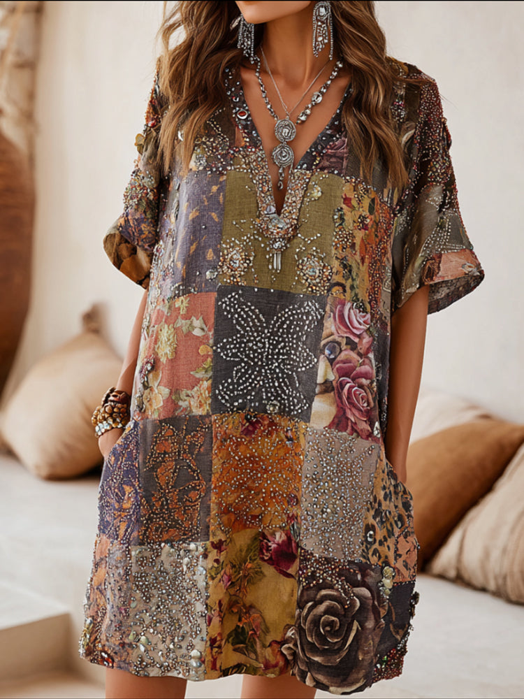 Bohemian Style Patchwork Flower Embroidery Sequin Vintage V-neck Short-sleeved Long Dress elevenforest