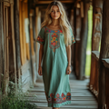 Vintage Bohemian Floral Embroidery Loose Midi Dress elevenforest