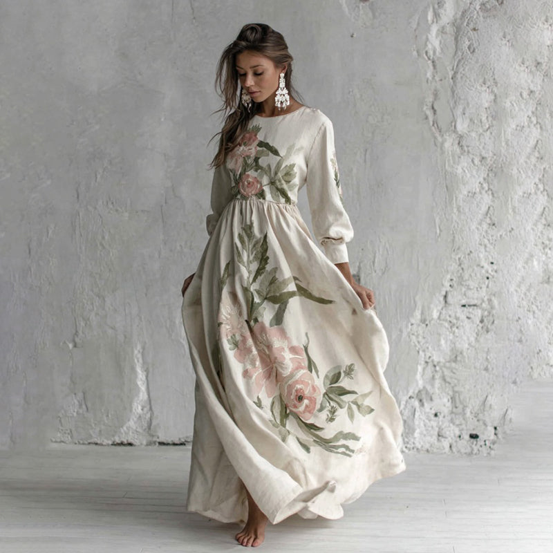 Women's Rose Printed Art V-neck Long Sleeve Maxi Dress elevenforest