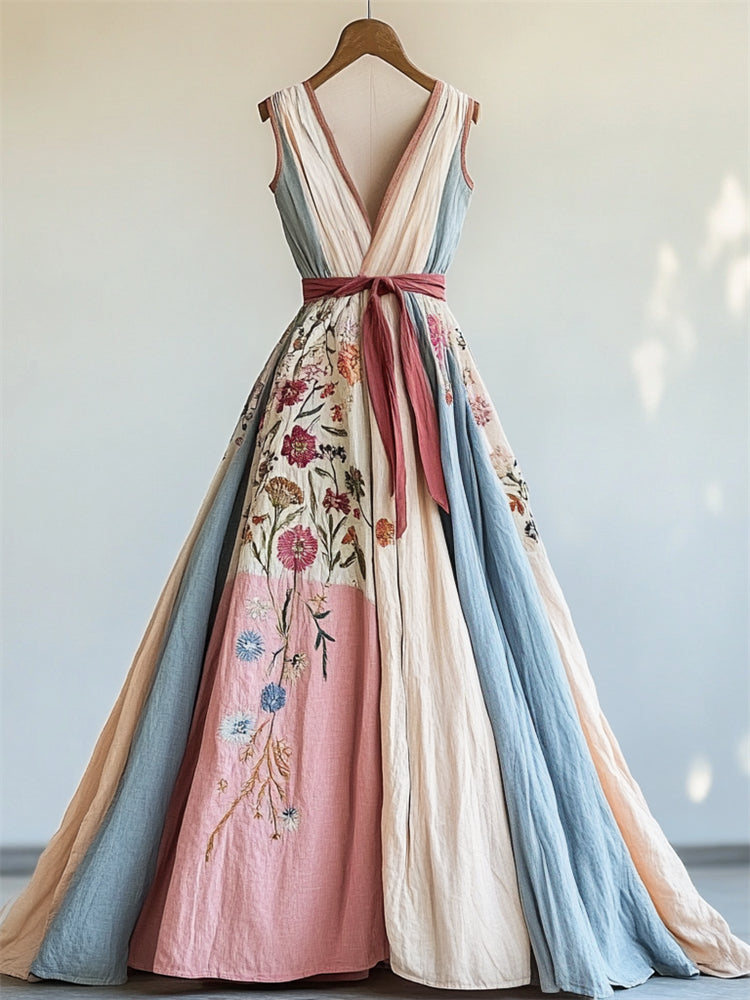 Boho Floral Transgender Colorblock Linen Maxi Dress elevenforest