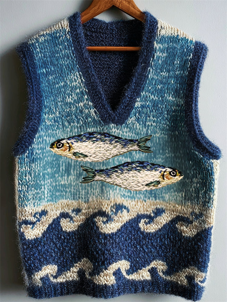 Vintage Fish Embroidered Sea Waves Colorblock Cozy Knit Vest elevenforest
