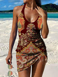 Brown Retro Cashew Flower Print Pleated Drawstring V-neck Tankini Pantskirt Set Swimsuit