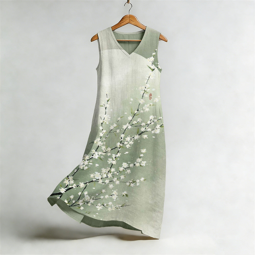 Vintage Pear Flower Art Flowy Linen Midi Dress elevenforest