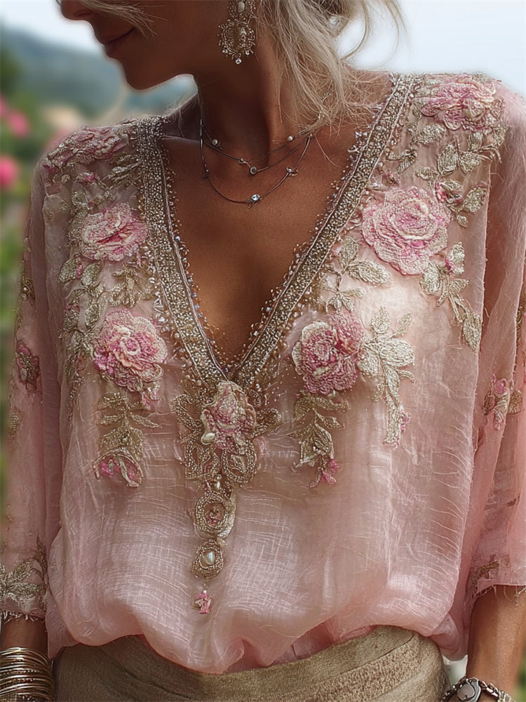 Boho Roses Embroidered Lace Flowy Linen Tunic elevenforest