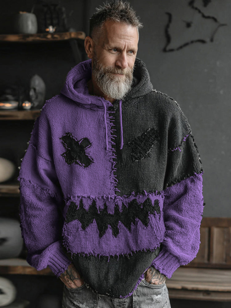 Men's Halloween Spooky Face Colorblock Stitched Hooded Cozy Knit Sweater elevenforest