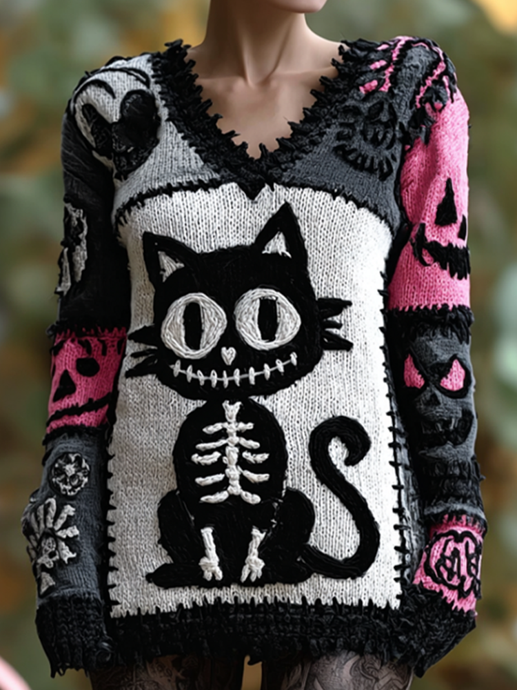 Halloween Cat And Skeleton Pattern Women's V-neck Knit Sweater elevenforest