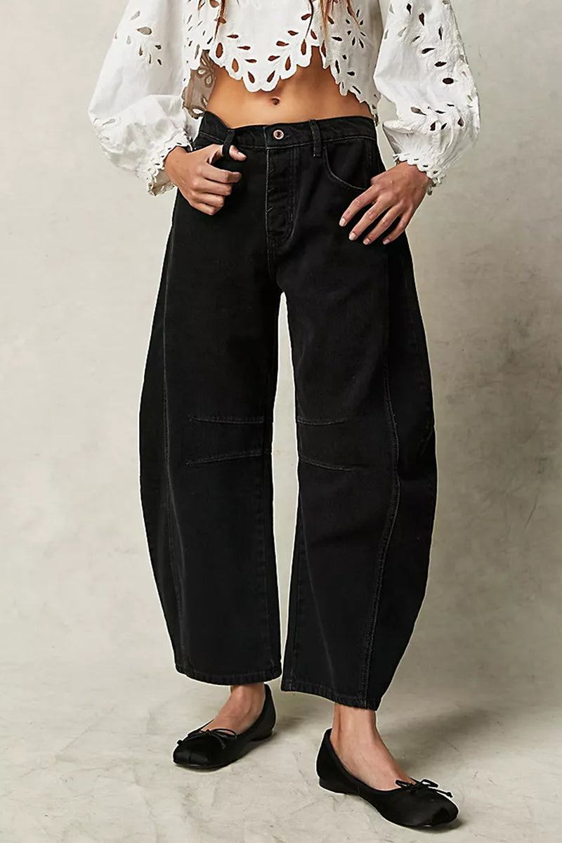 Pocket Without Belt Mid Waist Loose Denim Jeans(no Belt)