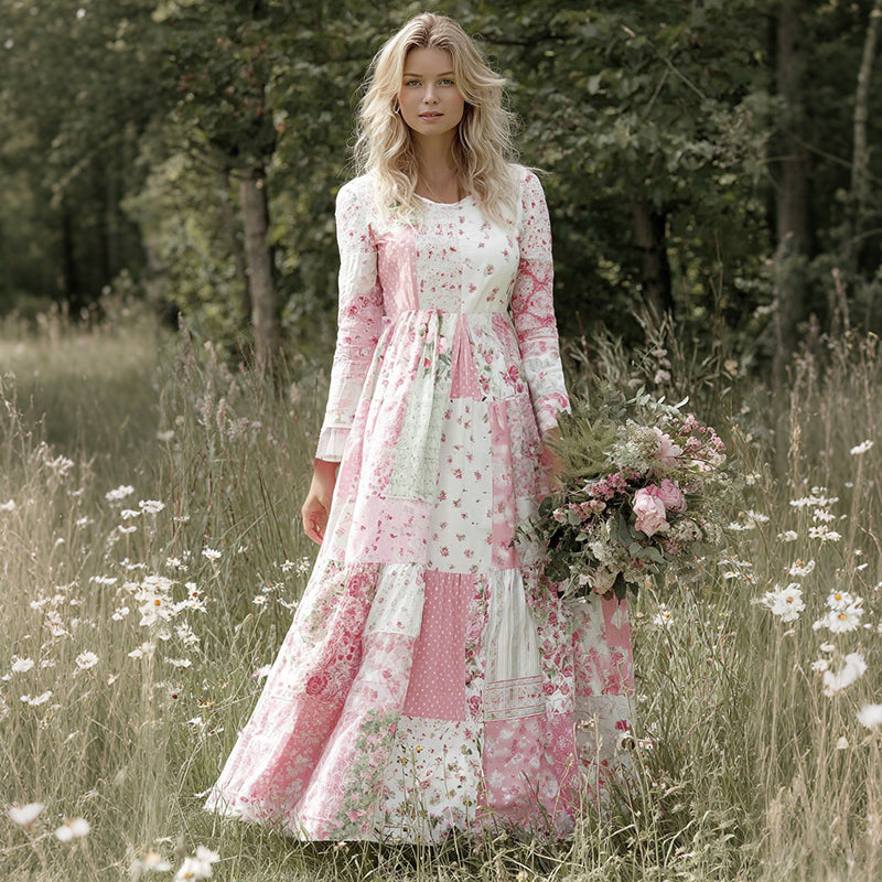 Vintage Floral Art Women's Linen Long Sleeve Maxi Dress elevenforest
