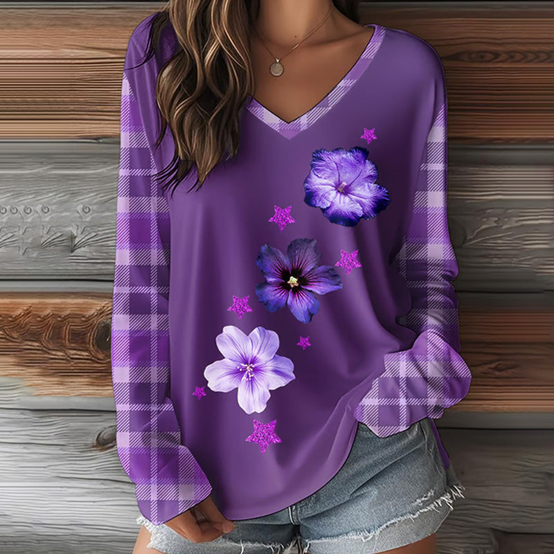 Women's Vintage Purple Floral Print V-neck Top elevenforest