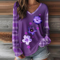 Women's Vintage Purple Floral Print V-neck Top elevenforest