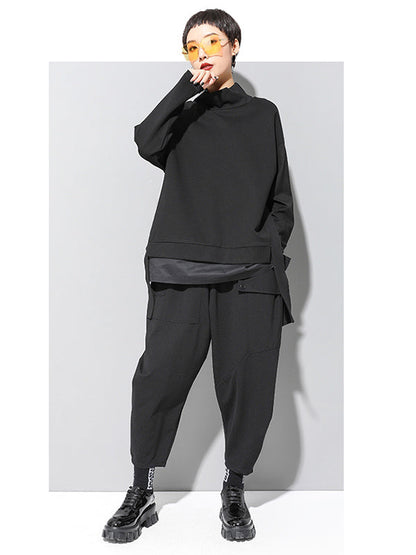 Black False-two Split-joint High-neck Sweatshirt T-shirt